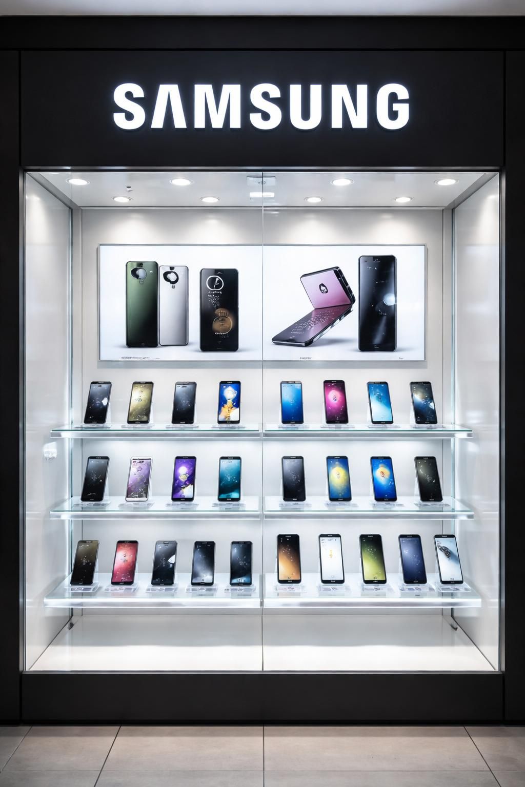 découvrez notre boutique téléphonie avec une vitrine samsung élégante, équipée d'un éclairage led moderne et de présentoirs acryliques transparents pour mettre en valeur vos produits.