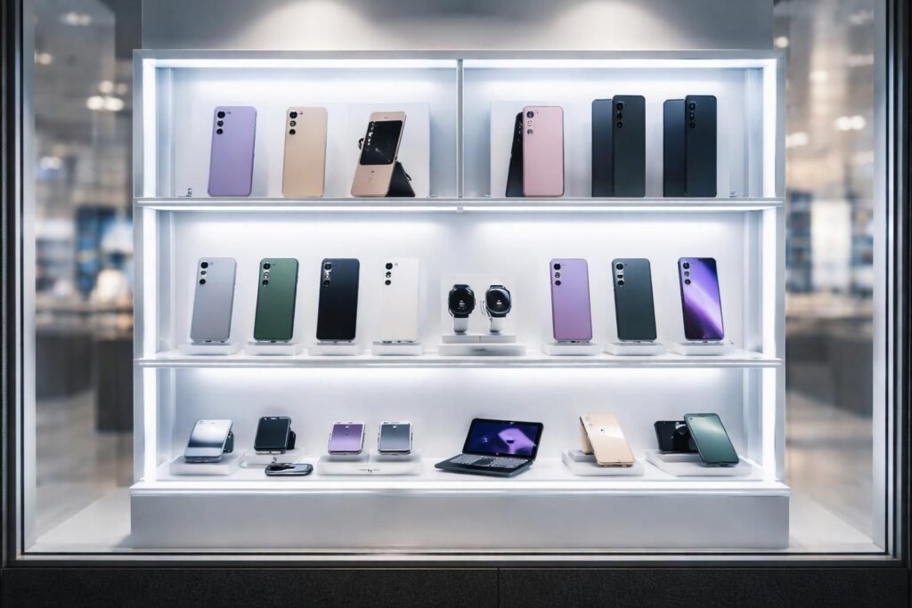découvrez notre boutique téléphonie mettant en valeur la vitrine samsung équipée d'un éclairage led moderne et de présentoirs en acrylique transparent pour une présentation élégante et lumineuse de vos produits.