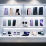 découvrez notre boutique téléphonie mettant en valeur la vitrine samsung équipée d'un éclairage led moderne et de présentoirs en acrylique transparent pour une présentation élégante et lumineuse de vos produits.