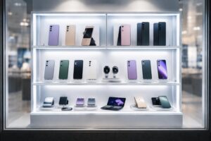 découvrez notre boutique téléphonie mettant en valeur la vitrine samsung équipée d'un éclairage led moderne et de présentoirs en acrylique transparent pour une présentation élégante et lumineuse de vos produits.